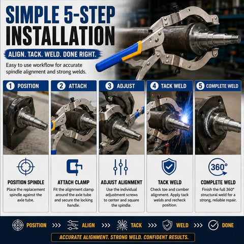 Heavy Duty Trailer Axle Spindle Alignment Clamp Weld On Spindle Jig illustration showing 5-step installation process for accurate spindle alignment.