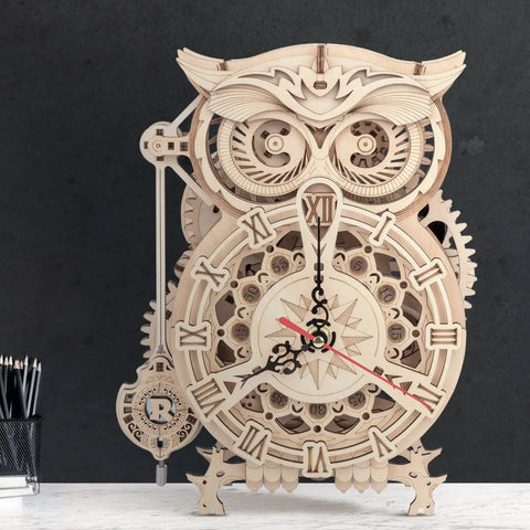 3D Wooden Clock Kit For Adults Dope Owl Mechanical Puzzle Kit DIY Build Set, Brain Teaser Educational Hobby Craft For Teens, Desk Decor And Gift Idea For Puzzle Lovers. Owl wooden clock with Roman numerals on desk