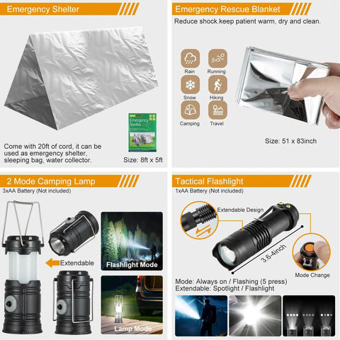 All In One Emergency Survival Kit with 360 pcs Bug Out Bag showing silver emergency shelter and rescue blanket.