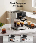Kickstart Your Grind With This Game Changing Two In One Espresso And Drip Coffee Maker Featuring A Built In Milk Frother And Smart Touchscreen For Flawless Coffee Shop Sips, showcasing sleek design with measurements.