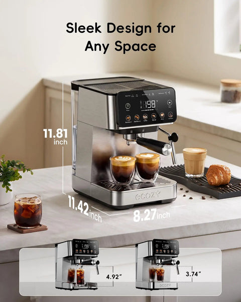 Kickstart Your Grind With This Game Changing Two In One Espresso And Drip Coffee Maker Featuring A Built In Milk Frother And Smart Touchscreen For Flawless Coffee Shop Sips, showcasing sleek design with measurements.