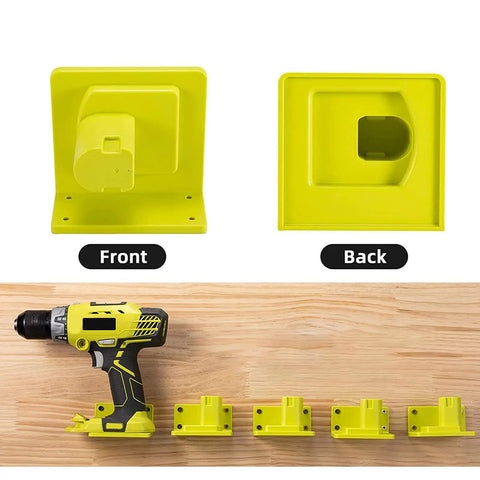 10 Pack Tool Holder Dock Mount For 18V Drills And Batteries showing yellow ABS holders, front and back view, with drill on wood panel