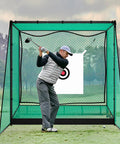 Golfer using Golf Driving Cage With Ball Return System 10x10x10ft Heavy Duty Steel Frame Practice Net for chipping practice