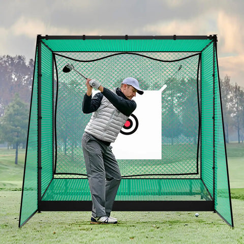 Golfer using Golf Driving Cage With Ball Return System 10x10x10ft Heavy Duty Steel Frame Practice Net for chipping practice