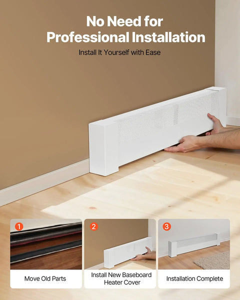 Person installing Heavy Duty Baseboard Heater Cover 3 Ft for easy bedroom replacement with no professional help needed.