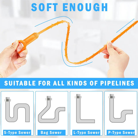 Hands using Six Pack Hair Drain Clog Remover Tools Set With Flexible Plastic Drain Snakes for various pipelines.