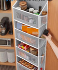 Heavy Duty Over The Door Storage Organizer With Five Tier Shelves For Bedroom Pantry Bathroom Rock Solid Swing Proof Design with stacked food items.