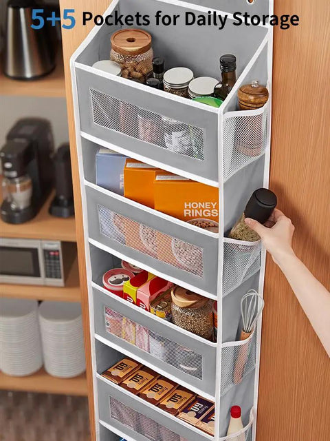 Heavy Duty Over The Door Storage Organizer With Five Tier Shelves For Bedroom Pantry Bathroom Rock Solid Swing Proof Design with stacked food items.