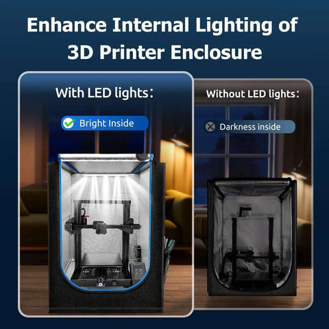3D Printer Enclosure Led Light Kit With Usb Led Strip Bar For Enhanced Printing Lighting, showing bright and dark interior comparison