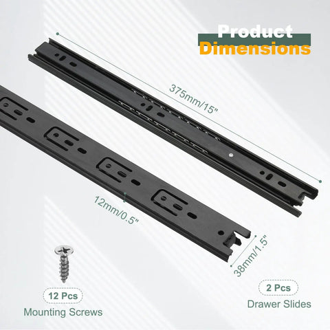 Beefy Heavy Duty 15 Inch By 1.5 Inch Steel Drawer Slides Full Extension Ball Bearing Side Mount Rails with screws shown