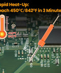 Dual Use 30W Electric Desoldering Gun Solder Sucker and Iron heating up on a circuit board, reaching 450°C