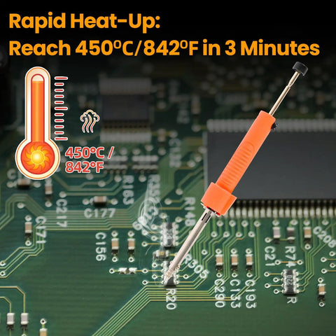 Dual Use 30W Electric Desoldering Gun Solder Sucker and Iron heating up on a circuit board, reaching 450°C