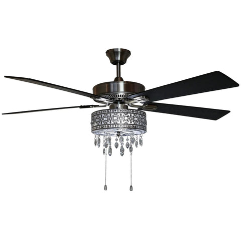 Drop Dead Gorgeous 52 Inch Crystal Chandelier Ceiling Fan With Integrated LED Lights And Smooth Airflow Featuring Satin Nickel Finish Plus K9 Hanging Crystals, viewed from below.