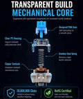 60 Piece Blue Keyboard Switches Clicky Tactile Clickers For 3D Printing Projects And Fidget Toys With Crisp Bangin Sound And Strong Feedback To Upgrade Your Setup. transparent mechanical switch with clear PC housing, POM stem, spring, and copper contacts