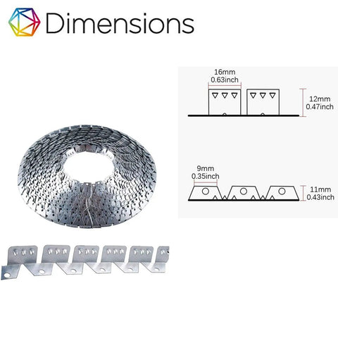 Sturdy 32 Foot Flexible Metal Upholstery Tack Strip For Sofa And Chair Fabric Securing With Curved Edge Grip showcased with dimensions.
