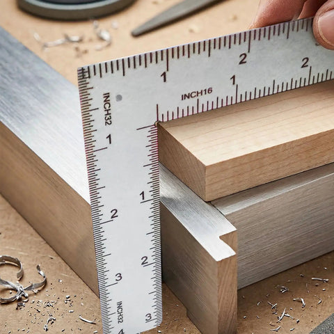Solid As A Rock Stainless Steel L Shaped Square Ruler featuring Dead On 4 By 6 Inch dual side etchings measuring wood pieces.