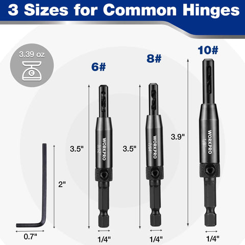 WORKPRO 3-Piece self-centering drill bit set with hex key, 3/32, 7/64, 1/8 in for cabinet and door installation