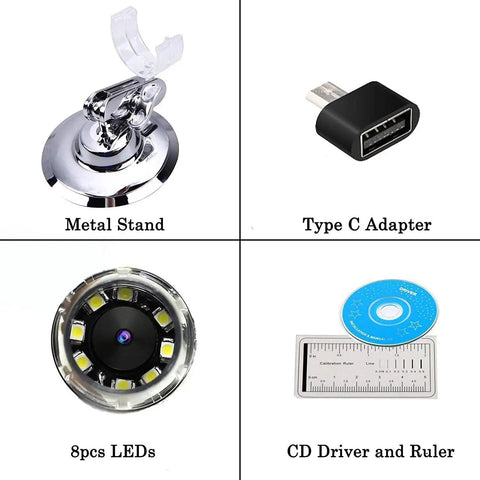 40x To 1000x Magnification Endoscope With 8 LED Handy USB 2.0 Digital Microscope, Mini Camera With OTG Adapter And Metal Stand, Compatible With Mac Windows Linux Chrome Android Not For iPhone iPad, metal stand and USB adapter shown