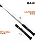 LED magnetic pickup tool with extendable neck shown fully extended and compact, highlighting 22.5-inch length and pocket-sized design.