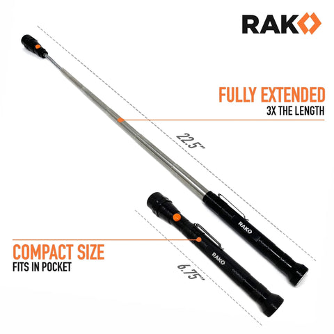 LED magnetic pickup tool with extendable neck shown fully extended and compact, highlighting 22.5-inch length and pocket-sized design.