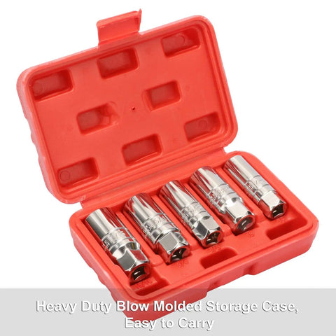 3/8 Inch Drive Spark Plug Socket Set, 6 Point, Pro Grade, with 5 Sockets in Red Case, Heavy Duty Chrome Vanadium Steel