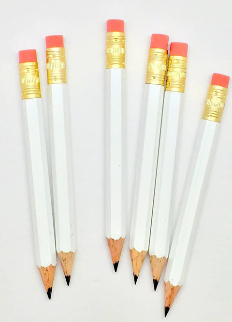 Half Pencils With Eraser For Golf And Pew Use, showing six short white hexagonal pencils with erasers and sharpened tips, non-toxic.