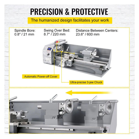 Heavy Duty Brushless Mini Metal Lathe Machine 750W Variable Speed Led with 8.7 Inch Swing Over Bed and 23.6 Inch Length.