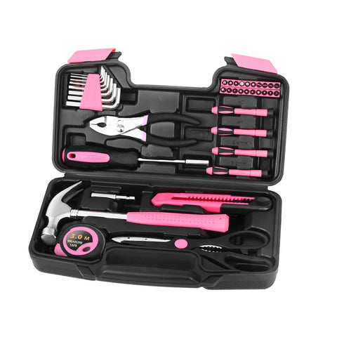 Open view of Pink 39 Piece Hand Tool Set For Women With Plastic Storage Box All Purpose Household Tool Kit For Home Garage Office Dorm Beginner Friendly Easy Grip Tools For Quick Fixes