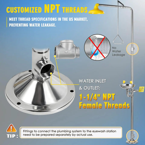 Shop Floor Tested Emergency Shower And Eye Wash Combo OSHA Approved ANSI Standard 304 Stainless Steel Wall Mount With Bold Caution Decal Top Shelf Safety Gear Built For Industrial Workplaces And Retail Shops
