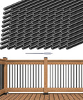 Heavy Duty 100 Pack Black Aluminum Round Deck Balusters Designed For No Sweat Installation And Street Smart Durability on a wooden deck.