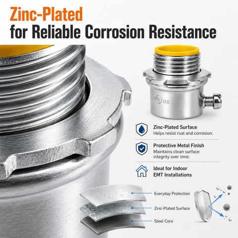 Solid As A Rock 3/4 Inch Emt Conduit Connectors 25 Pack Zinc Plated Set Screw Fittings With Insulated Throat showing zinc-plated surface for corrosion resistance.
