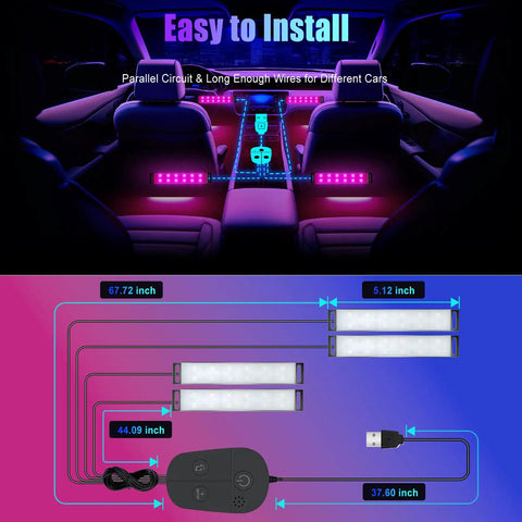 Diagram showing RGB Car Interior Lights With App Control And Music Sync USB Under Dash LED Strips installation in a car cabin.