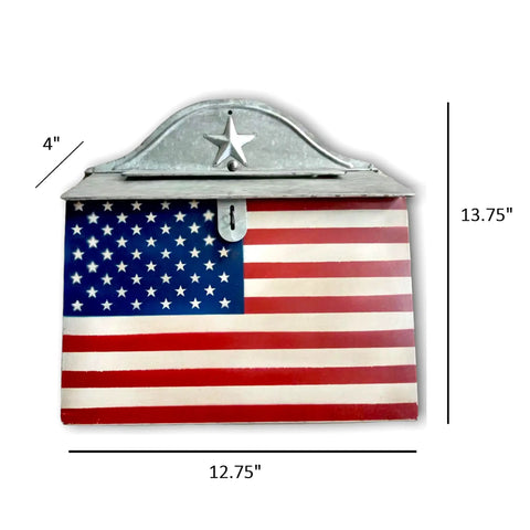 Vintage Farmhouse Post Box With Folding Top For Home Decor Nostalgic Charm With Grab Worthy White Horizontal Style Durable Metal Craft Classic Country Vibe 15.9 Inch Tall By 11 Inch Wide Perfect Corner Accent featuring American flag design.
