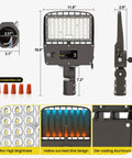Led Parking Lot Light With Switchable 200W 180W 150W Output 5000K 32000lm Shoebox Light showing measurements and features