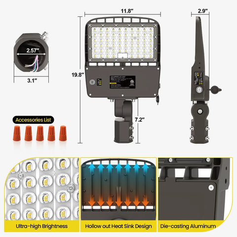 Led Parking Lot Light With Switchable 200W 180W 150W Output 5000K 32000lm Shoebox Light showing measurements and features