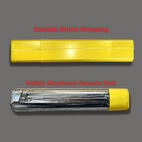 Premium Arc Stick Electrodes 3/32 Inch wrapped in yellow shrink wrap and aluminum vacuum seal.