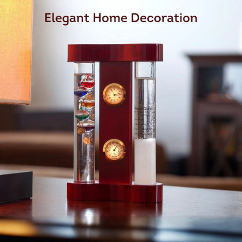 4 in 1 Analog Weather Station for Desk with Galileo Thermometer and FitzRoy Storm Glass, Quartz Clock and Hygrometer in wood holder.