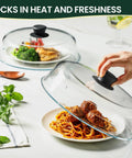 2 In 1 Glass Microwave Splatter Cover And Plate Mat Set with spaghetti under borosilicate glass and silicone handle
