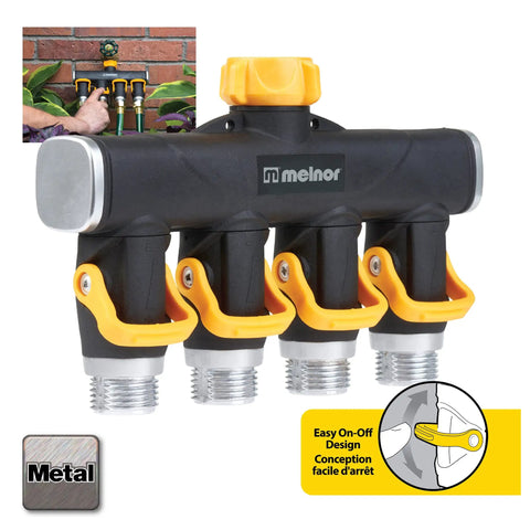 4 Way Lever Flow Through Valve Connector Bundle For Garden Hoses, High Volume Valves, Longer Levers, Vertical Operation, Metal Hose Threads, EZ Flow 4 Way Control, Yellow And Black, four-way hose splitter