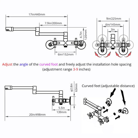 Diagram of Wall Mount Kitchen Faucet With 360 Degree Rotating Spout Folding Design 17 Inch Reach Side Sprayer And 2 Handle Pot Filler
