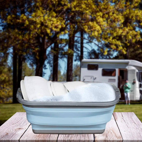 Two Pack Collapsible Sink With 2.25 Gallon Capacity Each Foldable Dish Tub for camping use outdoors near RV