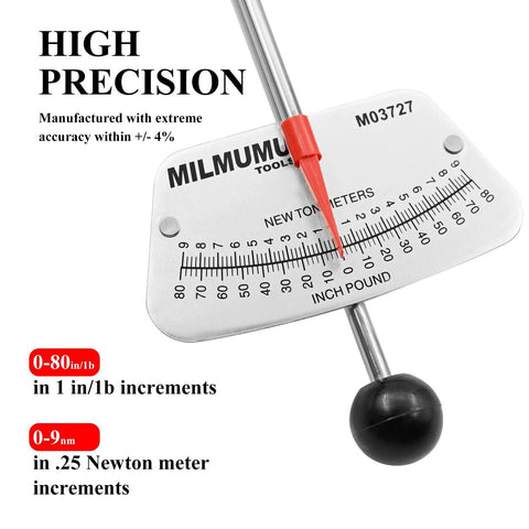 MILMUMU 1/4 in drive beam torque wrench with metal gauge plate; 0–80 in/lb and 0–9 Nm scales, red indicator (close-up)