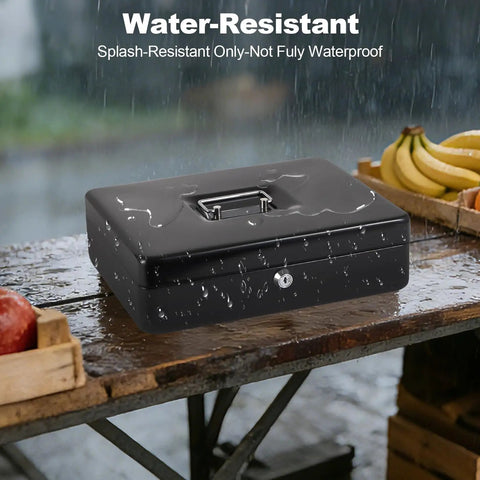 Locking Cash Box With Money Tray And Key, Heavy Duty Metal Cash Organizer, XL Black, shown splash-resistant on a wet surface