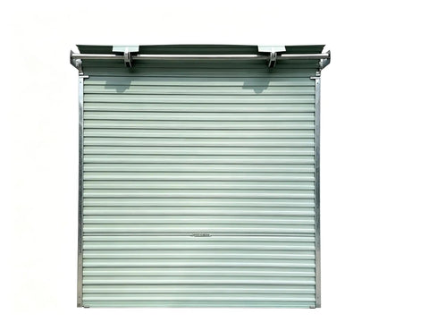 Heavy Duty Electric Roll Up Door 102 By 102 Inches Galvanized Steel Garage Barn Shutter in closed position.