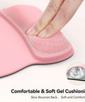 Close-up of Super Comfy Gel Wrist Rest Mouse Pad With Ergonomic Support Non Slip Surface, pink with cushioned gel support.
