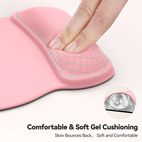 Close-up of Super Comfy Gel Wrist Rest Mouse Pad With Ergonomic Support Non Slip Surface, pink with cushioned gel support.