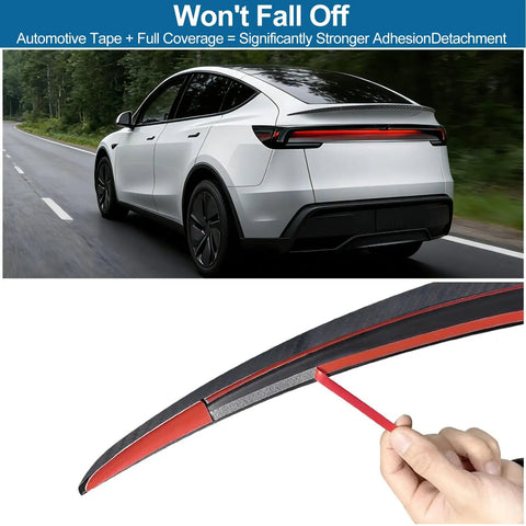 Sleek Rear Trunk Spoiler Tail Wing For Tesla Model Y Juniper 2025 2026 showcasing installation with 3M tape on aerodynamic design.