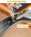 Heavy Duty Garage Door Track Kit With Curved Horizontal And Vertical Rails Connector Set Includes R12 And R15 Durable Rail Repair Parts For Quick Fixes And Smooth Operation, showing R12 curved rail installed with 2-inch roller fitment.