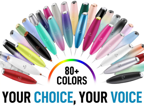 Array of colorful stylus pens with needle tips, displayed in fan shape, featuring over 80 colors, text 'YOUR CHOICE, YOUR VOICE'