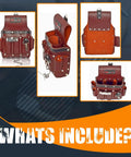 Heavy Duty Leather Carpenter And Electrician Tool Belt With Suspenders For Men, 11 Pocket Top Notch Pro Grade Construction Belt With Hammer Loop, Pliers Holders And Tape Measure Clips, Built To Last displayed with pockets and loops